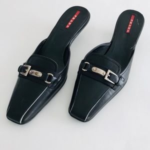Prada Black Leather Kitten Heel Mule
